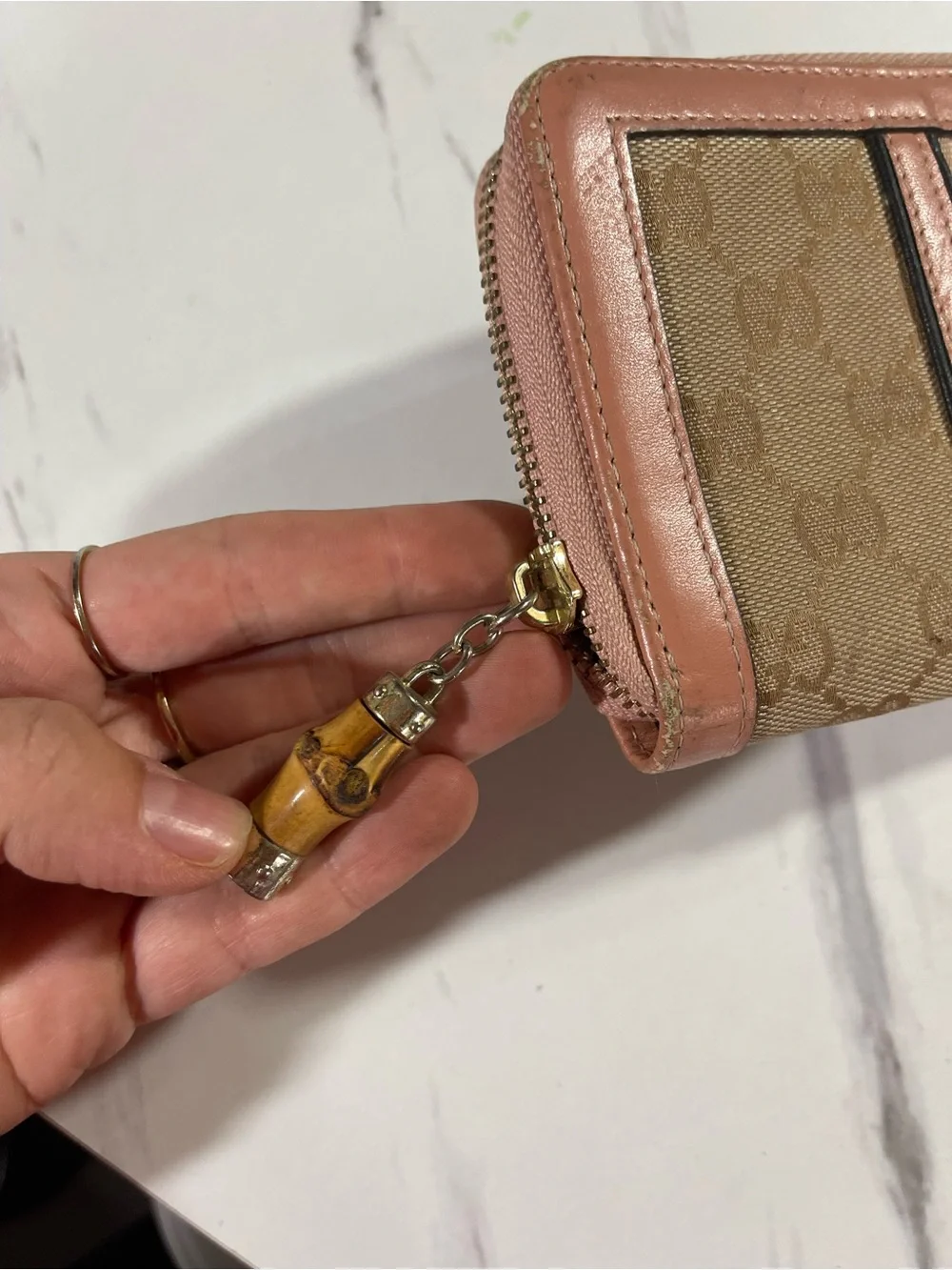 Gucci Pink Trim GG Canvas Zip Wallet with Multicolor Stripe